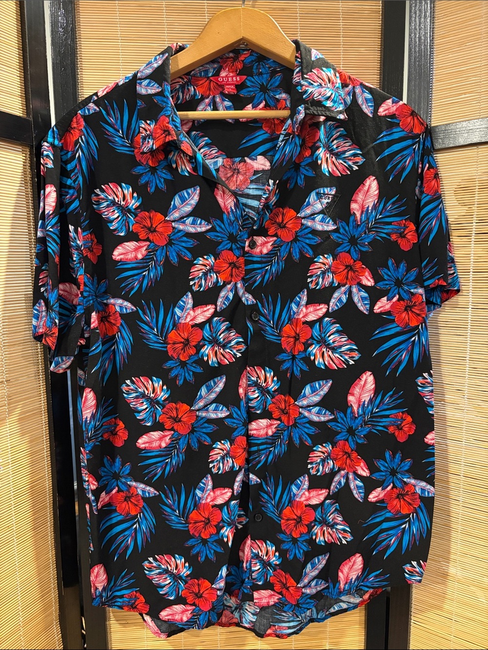 Guess Black Short-Sleeve Button-Down with Red & Blue Floral Print